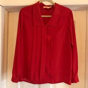 Vintage red pleated front v neck blouse, size 12